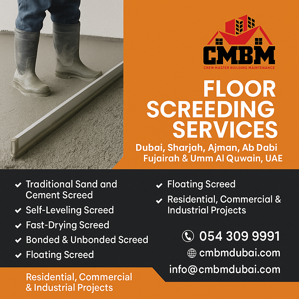 concrete screeding dubai, floor screeding company UAE, screeding contractor dubai, cement screeding sharjah, concrete base ajman, self leveling screed abu dhabi, floor screed fujairah, bonded screed, unbonded screed, fiber reinforced screed, fast drying screed, screed work uae, professional screeding service dubai, crew master building maintenance, cmbm dubai, self leveling floor screeding dubai, sharjah, abu dhabi, floor screeding contractors in dubai, floor screeding contractors in sharjah, floor screeding contractors in ajman, floor screeding contractors in abu dhabi, floor screeding contractors in ras al khaimah, floor screeding contractors in umm al quwain, self leveling flooring in dubai, self leveling flooring in uae
